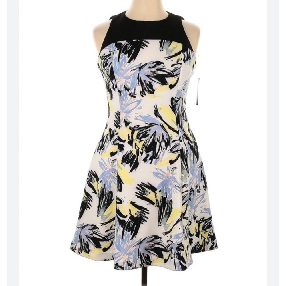 New CHAPS Fit & Flare Dress Black Yellow Blue White A-Line Sleeveless size 10
